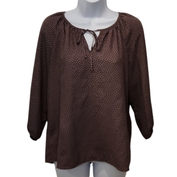 Loft Polka Dot Brown Lightweight Tie Front Top - Picture 1 of 5